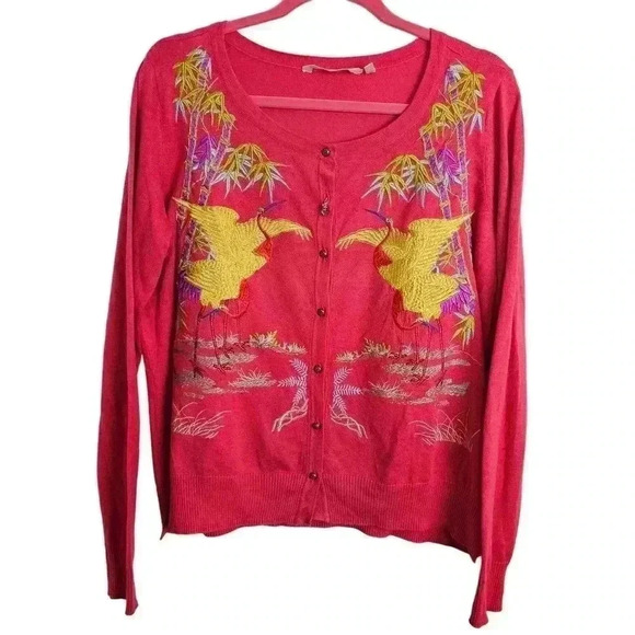 Soft Surroundings Crane and Bamboo Embroidered Coral Cardigan - Picture 1 of 3